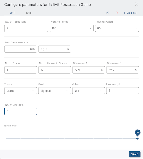 Defining training parameters in Training Builder.